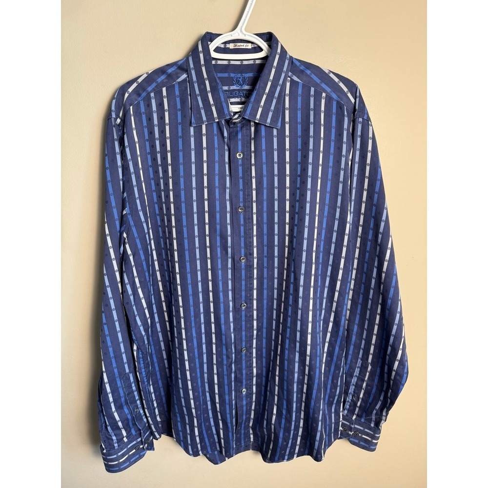 Bugatchi Mens Blue Striped Polka Dot Shaped Fit Shirt L Preppy Classic Luxury